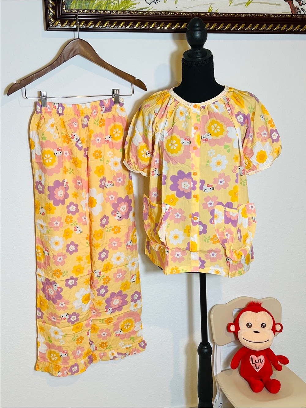 Girls Yellow Floral Cotton Pajama Set with Pink Accents